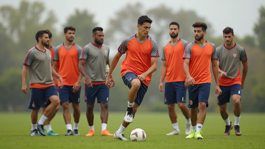 Football team conducting group training session with conditioning exercises on grass pitch