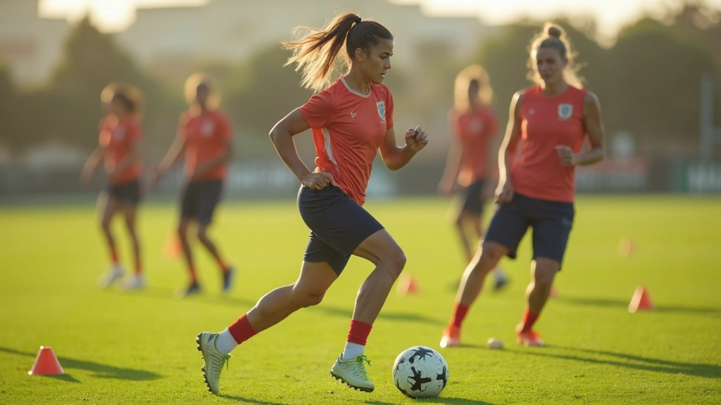 Fitness training session with soccer players performing endurance and strength conditioning exercises