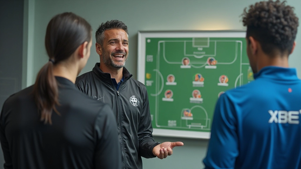 Football coach analyzing tactical formations and strategic positioning with team during training