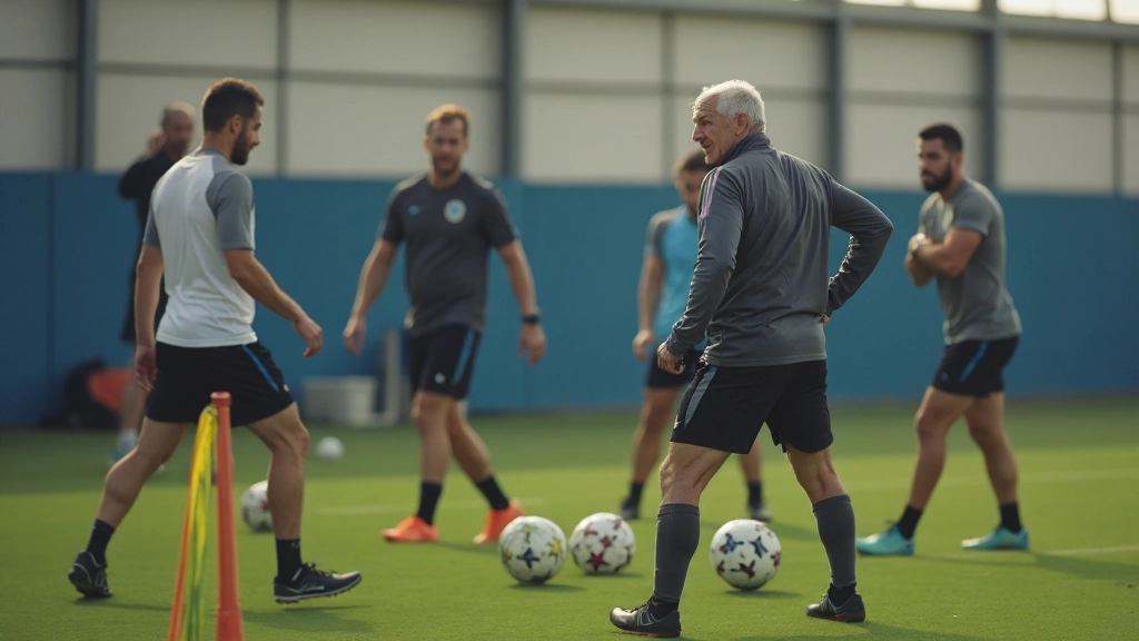 Football coach analyzing tactical positioning and passing lanes with players during training session with tactical board