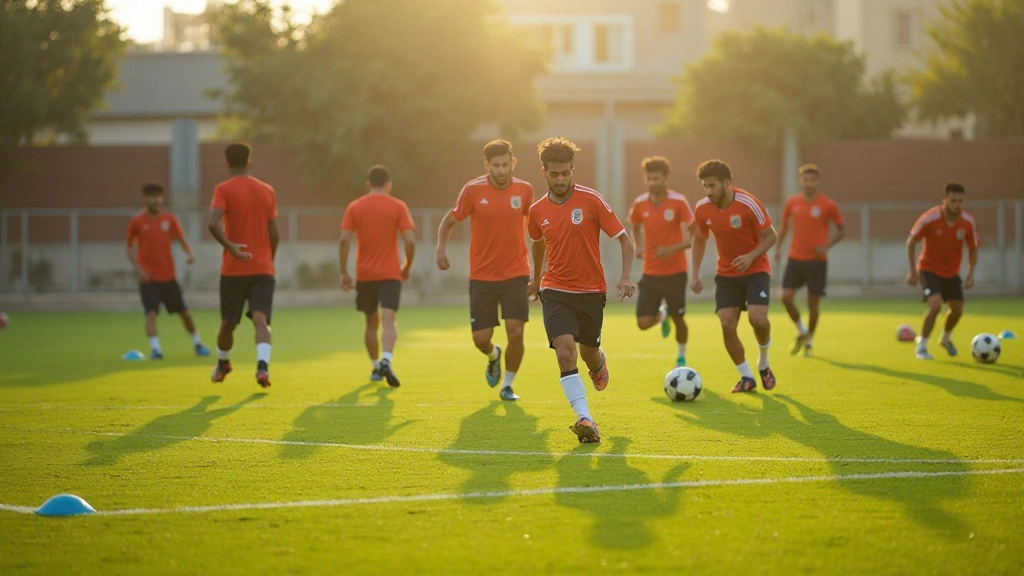 Soccer players participating in organized tactical training drill on football pitch