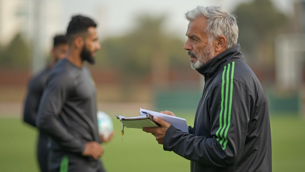Football coach analyzing team formation and player positioning during training session with tactical board