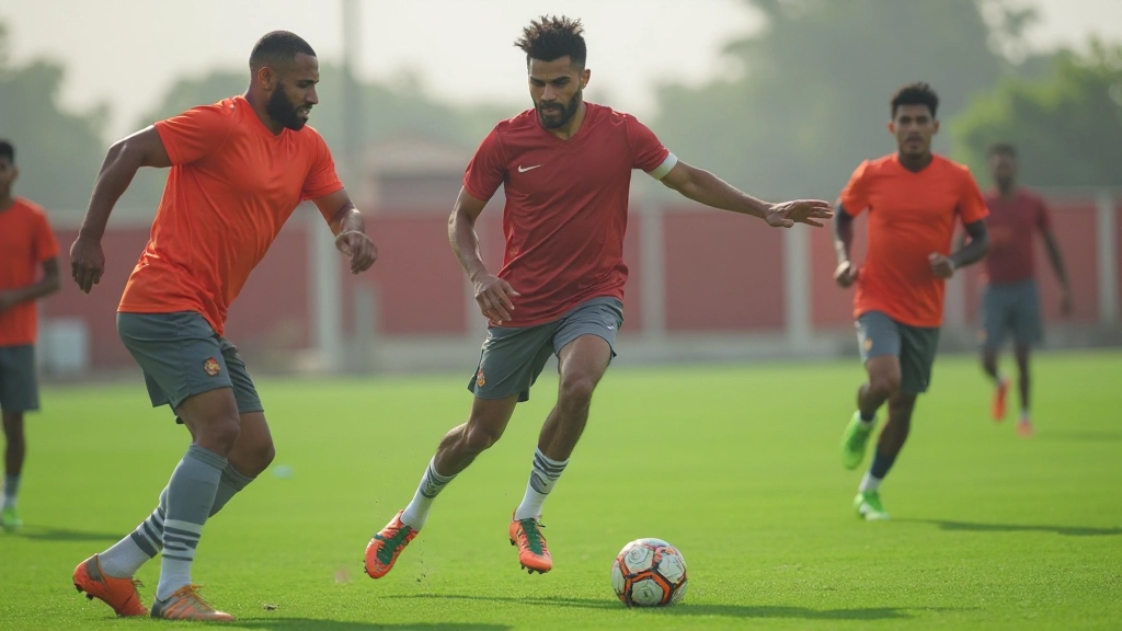 Professional football players demonstrating passing technique during training session with cones and tactical drills