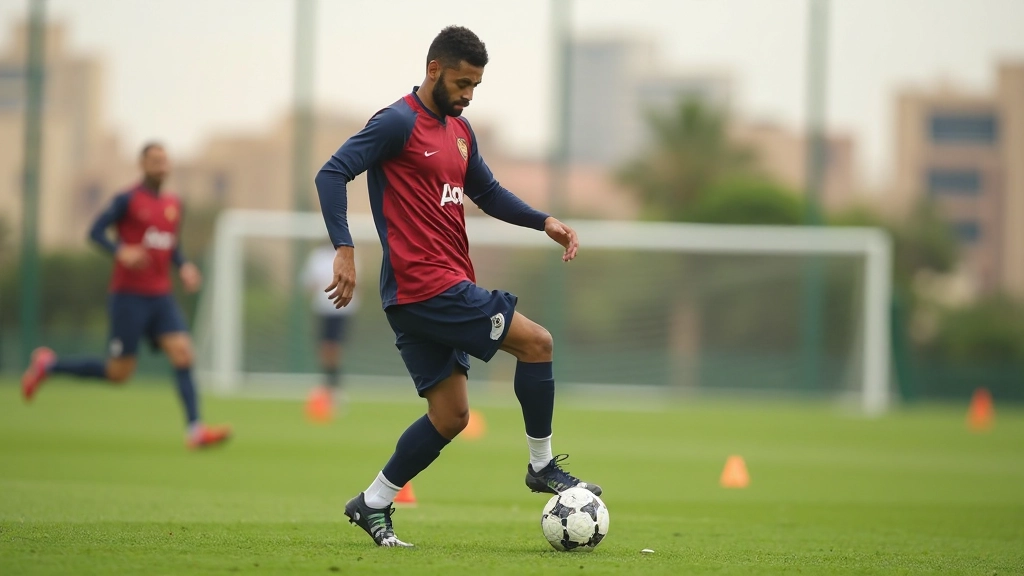 Footballer performing ball control during training with cones visible on pitch